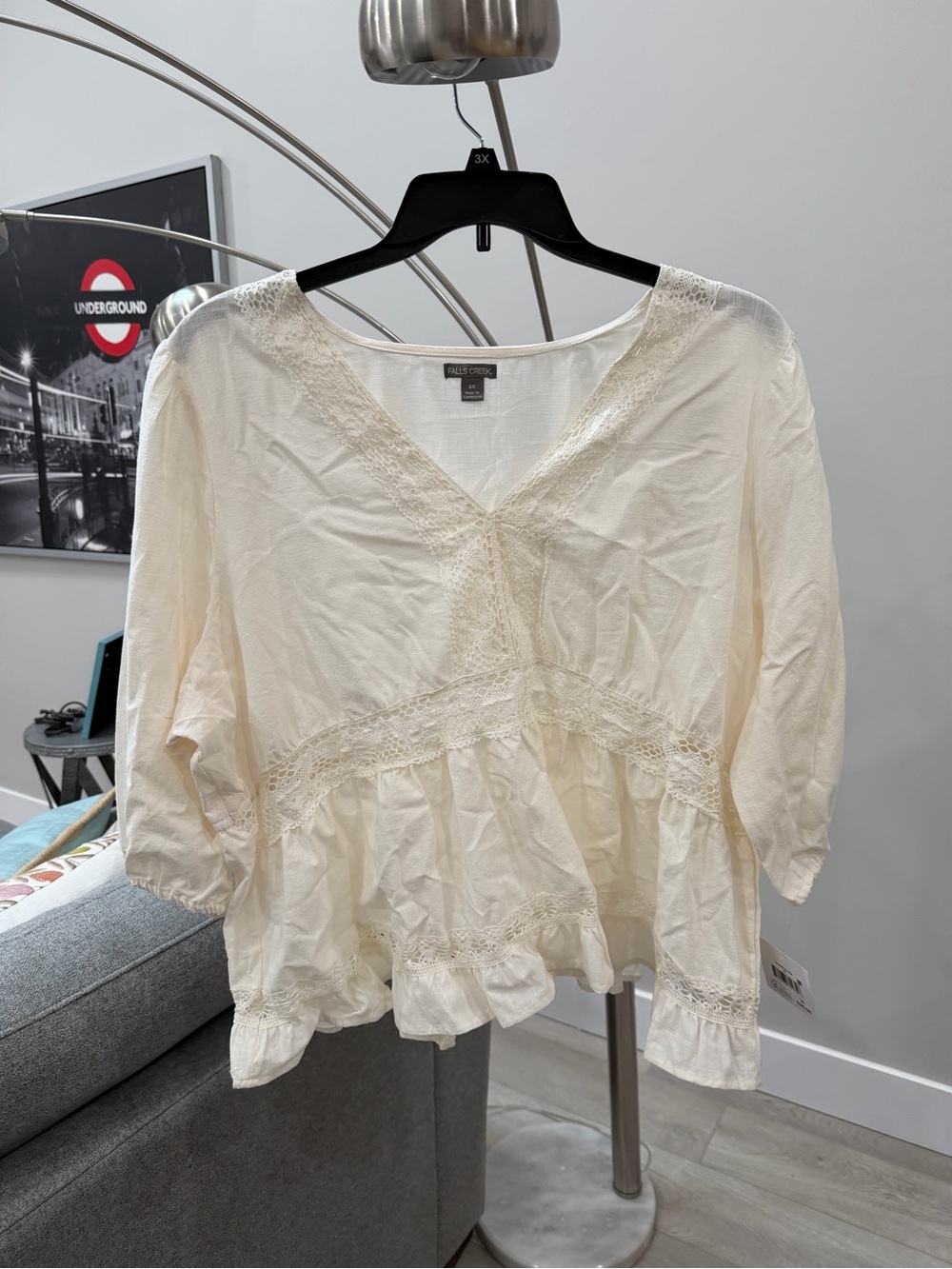 Falls Creek Cream Lace-Trim Peasant Top